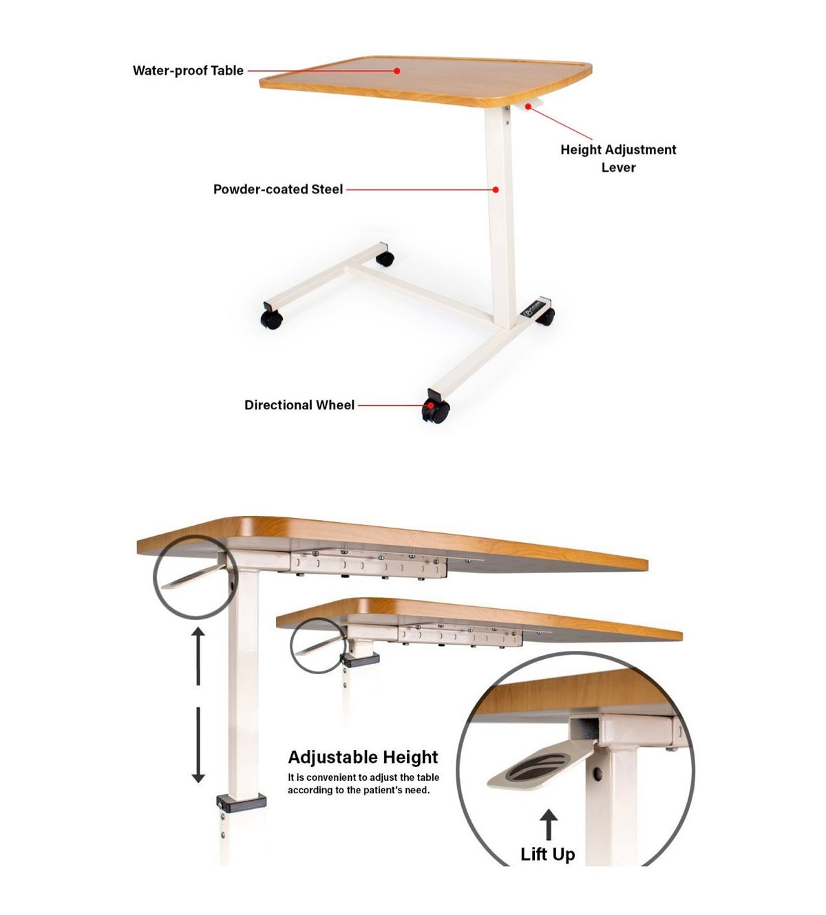 Adjustable Overbed Table with Wheels – Hospital & Home Use