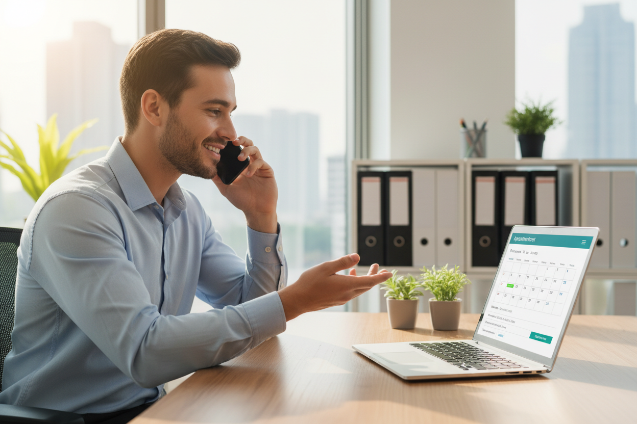 a salesperson talking on the phone, the screen laptop shows appointment page